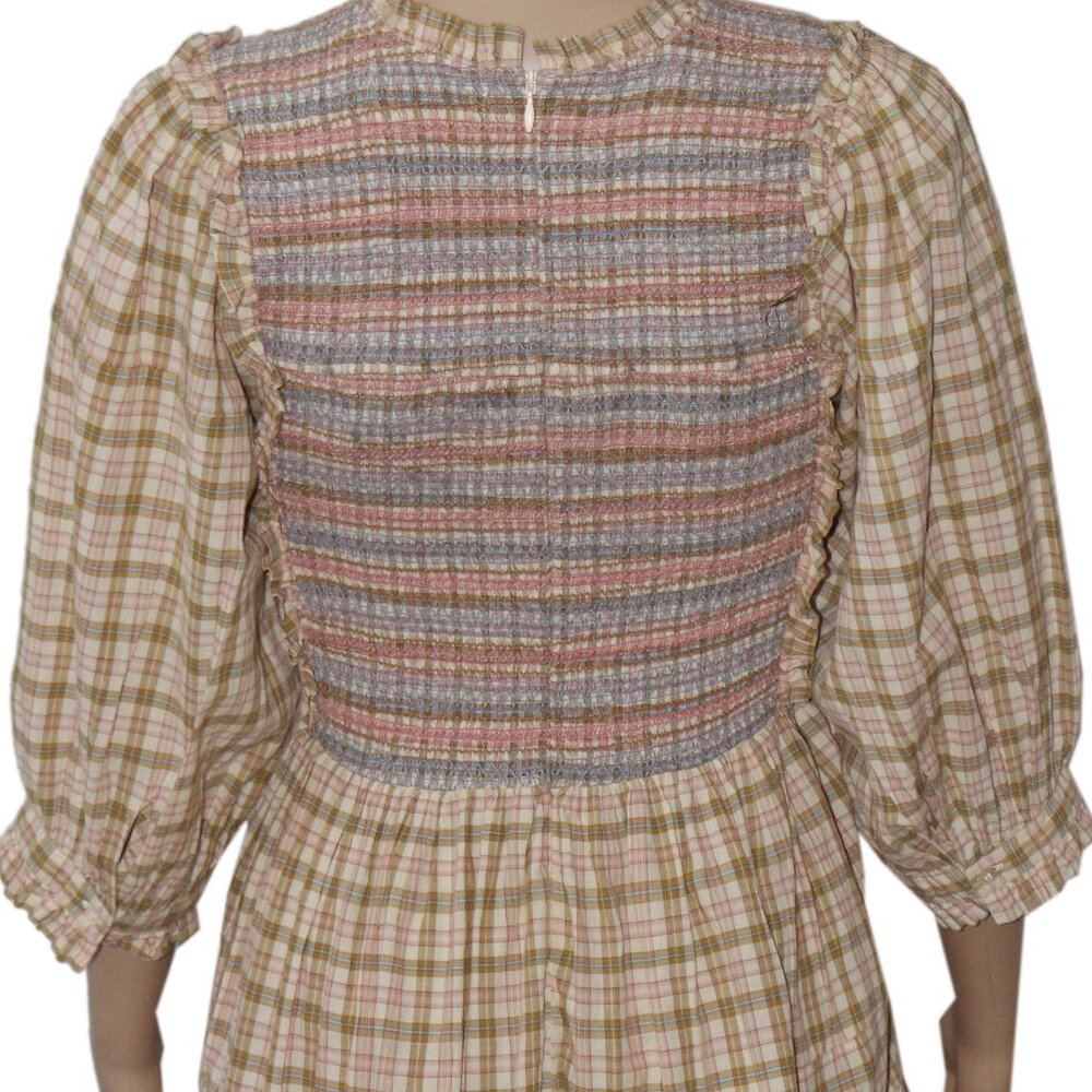 Doen Leda Dress Austin Plaid Printed Smocked Ruffle Mini New S - Picture 5 of 6